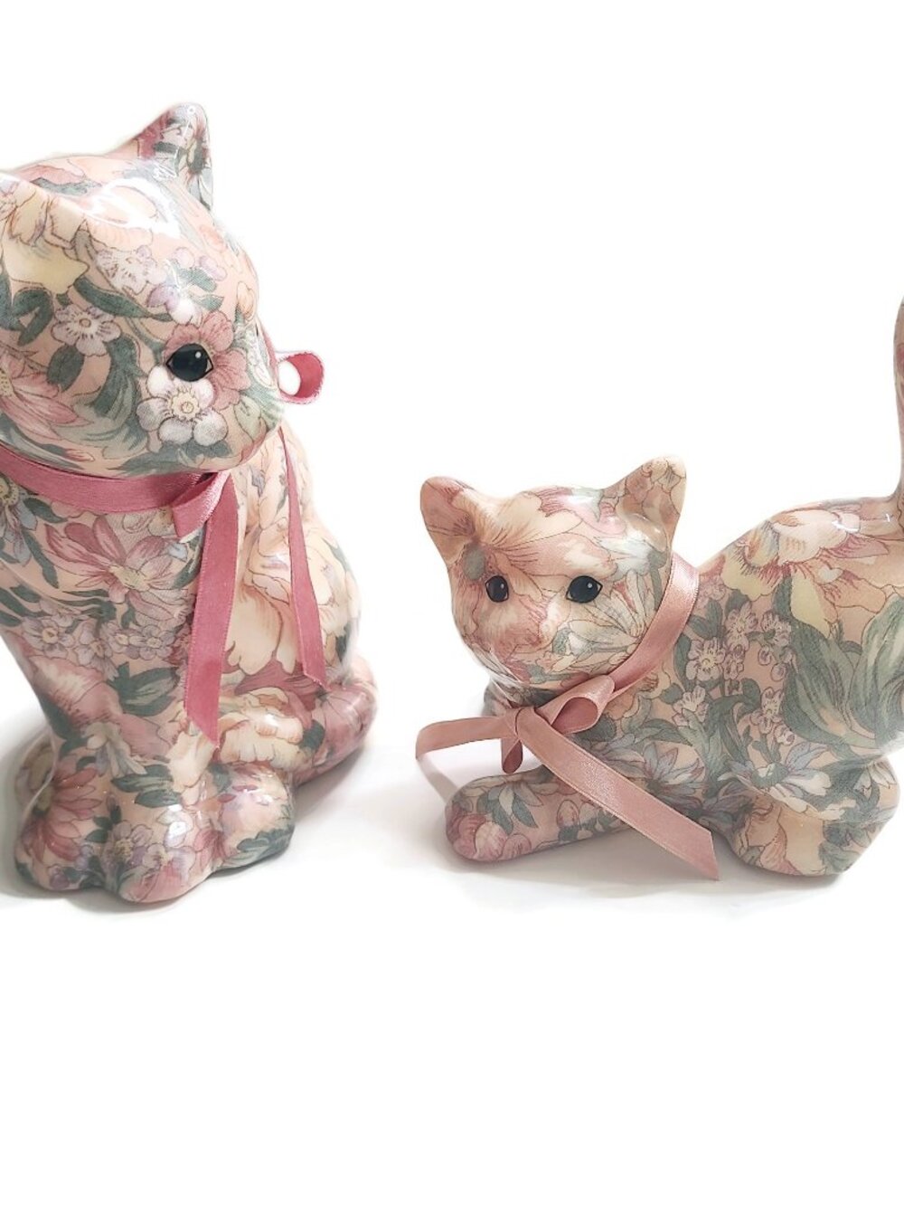 Set Of 2 Joan Baker Porcelain Floral Patchworks Calico Cat Figurines Mom Kitten